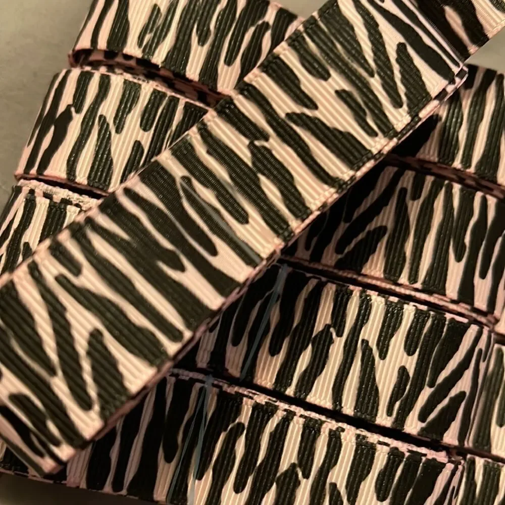 Grosgrain printed Ribbon 7/8” NEW 5 yards light baby pink black zebra stripe